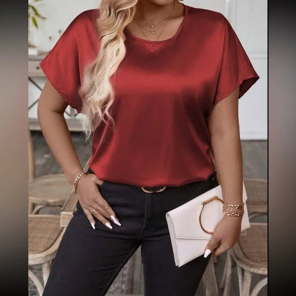 Luxe burgundy round neck casual satin top